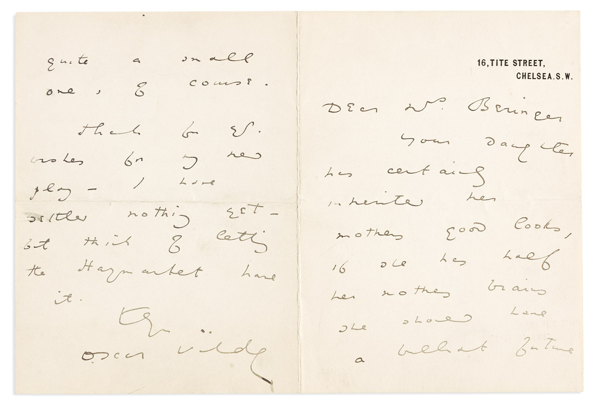 OSCAR WILDE (1854-1900) Autograph Letter Signed, to Dear Mrs. Beringer,